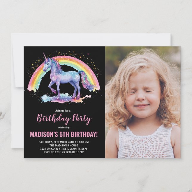 Rainbow Unicorn Birthday Invitations with photo (Front)