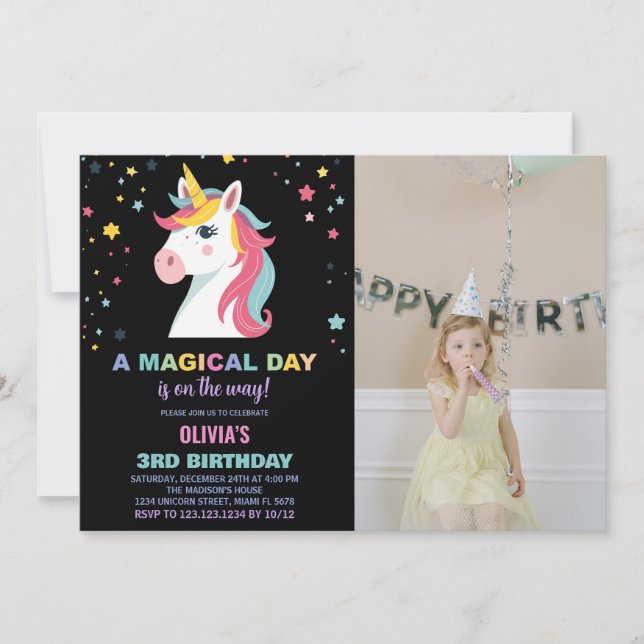 Rainbow Unicorn Birthday Invitations with photo (Front)