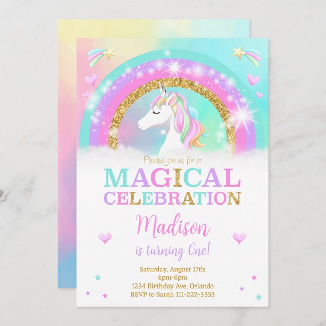 Rainbow Unicorn Birthday Invite (Front/Back)