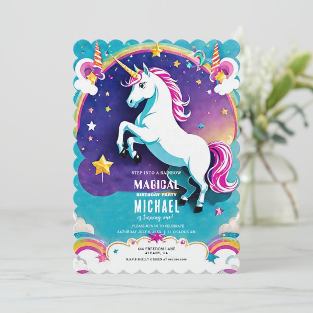 Rainbow Unicorn Birthday Invites - Magical! (Standing Front)