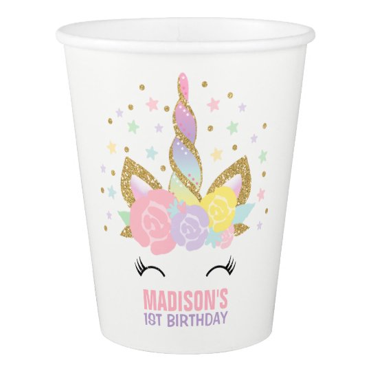 Rainbow Unicorn Birthday Paper Cup Pink Gold Cup Zazzle com