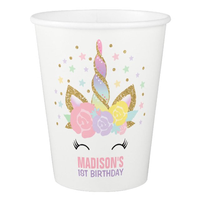 Rainbow Unicorn Birthday Paper Cup Pink Gold Cup (Front)