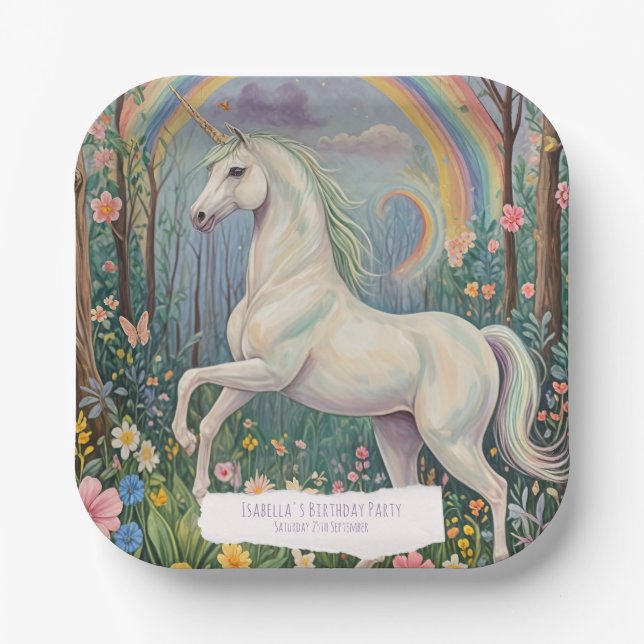 Rainbow Unicorn Birthday Paper Plates (Front)
