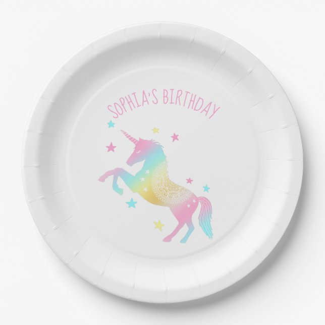 Rainbow Unicorn Birthday Paper Plates (Front)