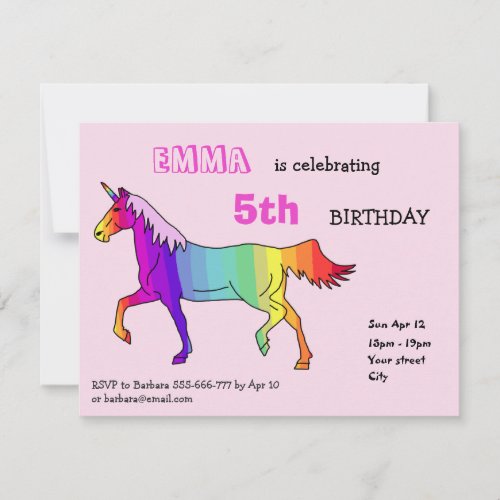 Rainbow Unicorn Birthday Party Card Personalized - A personalizable invitation perfect for your kids birthday party celebration! This invitation has a colorful rainbow unicorn that kids love. This is great as a party invite for a girl birthday and her friends. You can change the background colour.