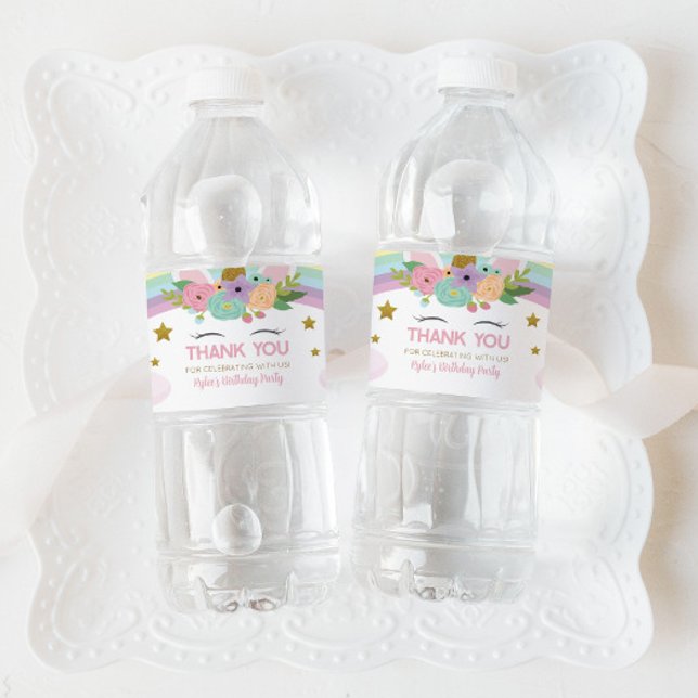 Rainbow Unicorn Birthday Party Favor Water Bottle Label (Creator Uploaded)