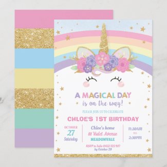 Rainbow Unicorn Birthday Party Girl Invitation