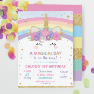 Rainbow Unicorn Birthday Party Girl Invitation