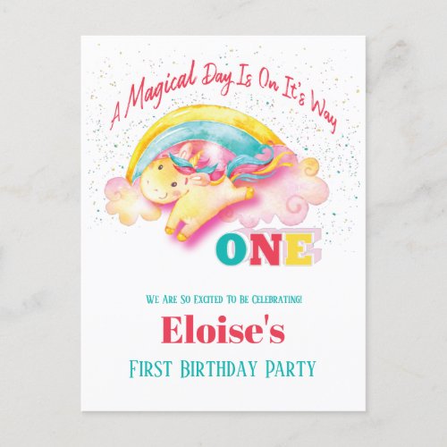 Rainbow Unicorn Birthday Party Girl Invitation Postcard