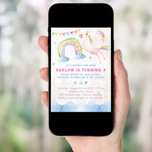 Rainbow Unicorn Birthday Party Invitation (Front Digital)