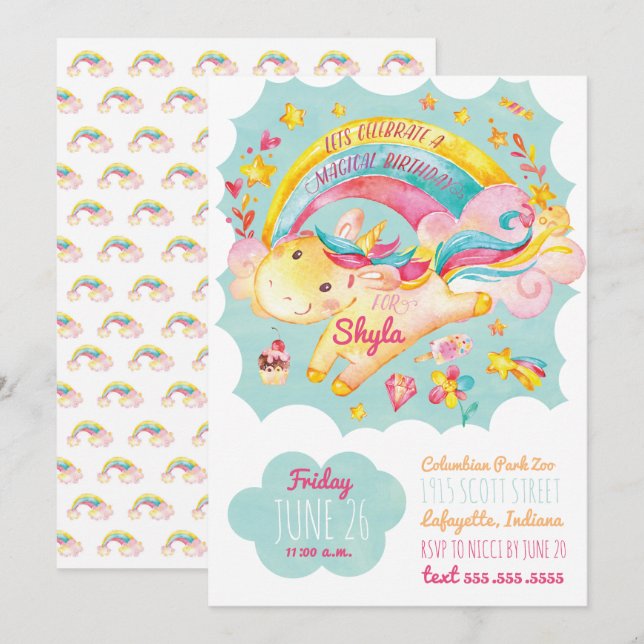 Rainbow Unicorn Birthday Party Invitation (Front/Back)