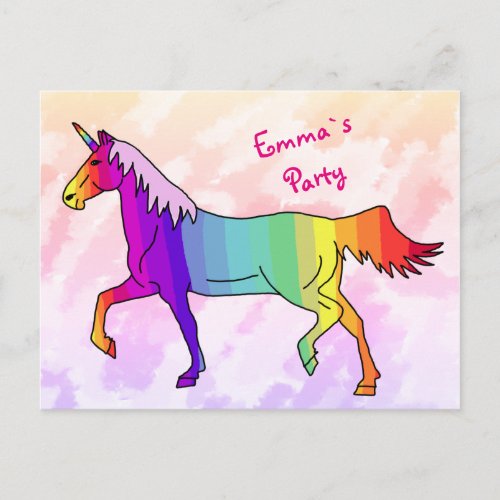 Rainbow Unicorn Birthday Party Invite - An invitation postcard to a birthday party. A costumizable and personalizable birthday invite card. All data are written on the back side of the card. A digital drawing of a rainbow and colorful unicorn. It`s perfect for kids, esspecially for girls, who love unicorns and horses.