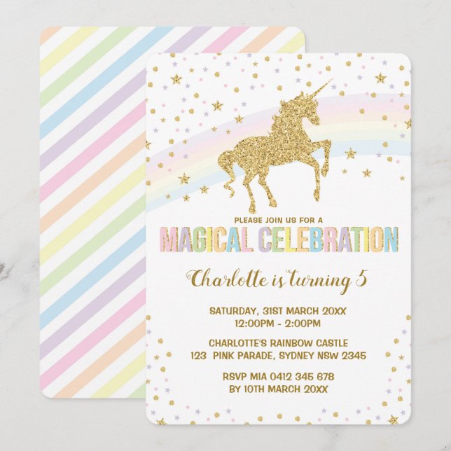 Rainbow Unicorn Birthday Party Invite Twinkle Star (Front/Back)