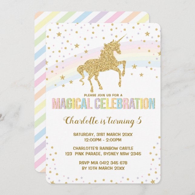 Rainbow Unicorn Birthday Party Invite Twinkle Star (Front/Back)