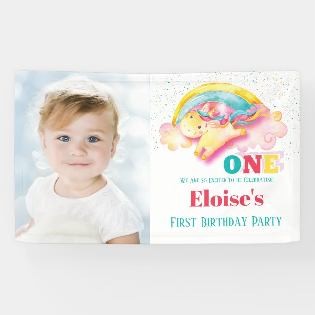 Rainbow Unicorn Birthday Party Photo Girl Banner (Horizontal)