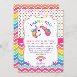 Rainbow Unicorn Birthday Party Thank You Card