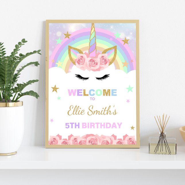 Rainbow Unicorn Birthday Party Welcome Sign (Rainbow Unicorn Welcome Signs)
