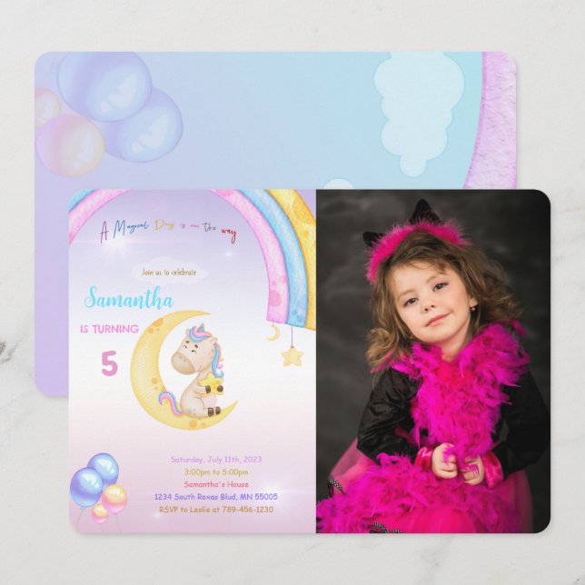 Rainbow Unicorn Birthday Photo Invitation (Front/Back)
