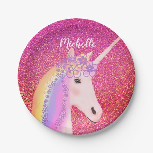 Rainbow Uniorn Birthday Pink Glitter Personalized Paper Plates