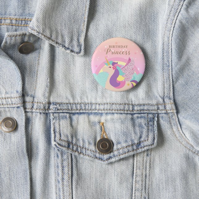 Rainbow Unicorn Birthday Princess Cute Button (In Situ)