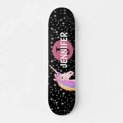 Rainbow Unicorn Black Pink Monogram Personalized  Skateboard