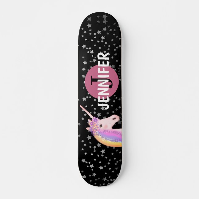 Rainbow Unicorn Black Pink Monogram Personalized  Skateboard (Front)