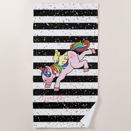 Rainbow UnicornBlack White Striped _Personalized Beach Towel