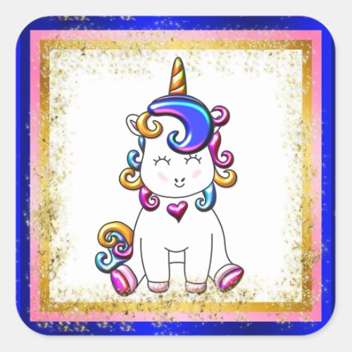 Rainbow Unicorn Blue Gold Glitter Square Sticker