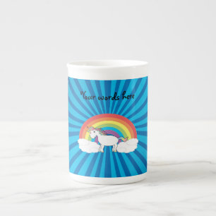 Rainbow unicorn blue sunburst bone china mug