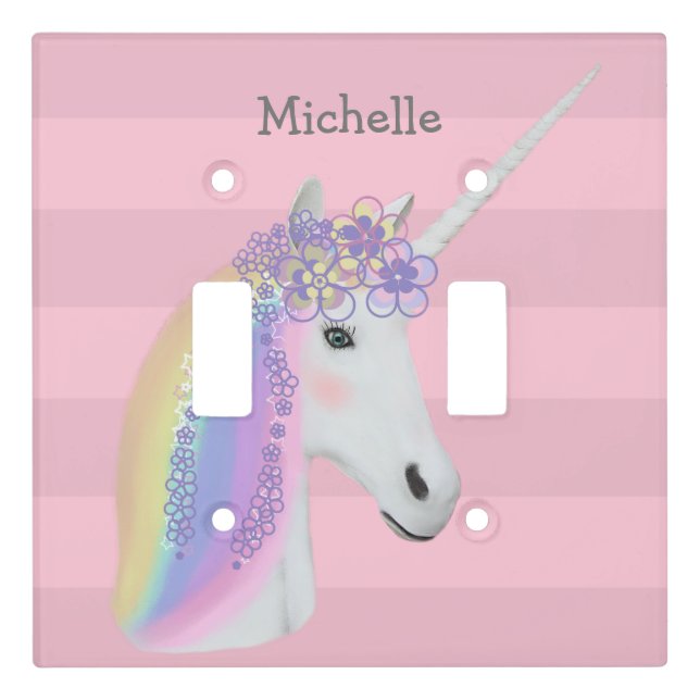 Rainbow Unicorn Blush Pink Girls Personalized Light Switch Cover (Front)