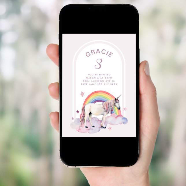 Rainbow Unicorn Boho Arch Birthday Party Girl Invitation (Front Digital)