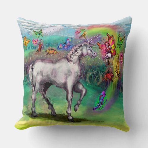 Rainbow Unicorn Butterflies Faeries Throw Pillow