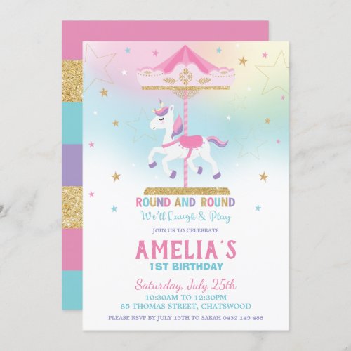 Rainbow Unicorn Carousel 1st Birthday Girl Invitation