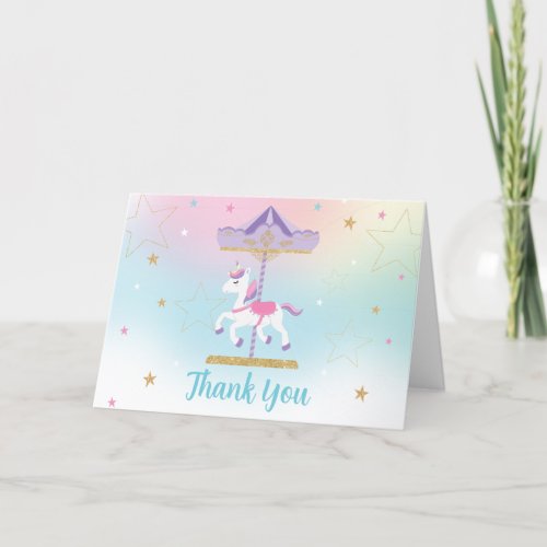 Rainbow Unicorn Carousel 1st Birthday Gold Folded Thank You Card