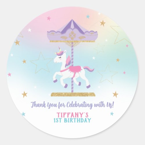 Rainbow Unicorn Carousel 1st Birthday Gold Glitter Classic Round Sticker