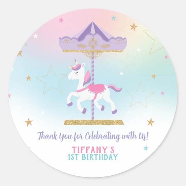 Rainbow Unicorn Carousel 1st Birthday Gold Glitter Classic Round Sticker (Front)