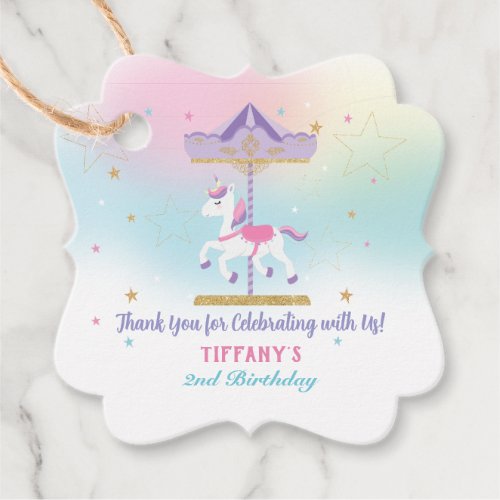 Rainbow Unicorn Carousel 1st Birthday Gold Glitter Favor Tags