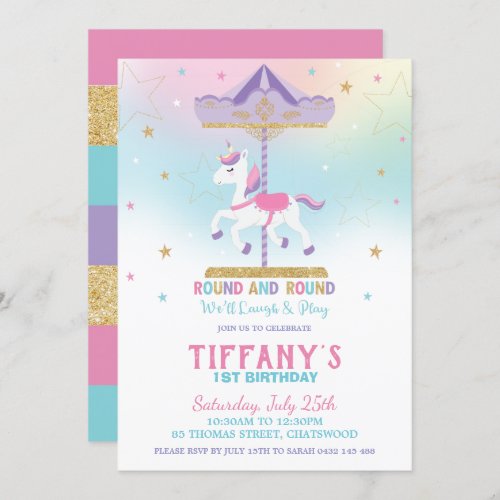 Rainbow Unicorn Carousel 1st Birthday Gold Glitter Invitation
