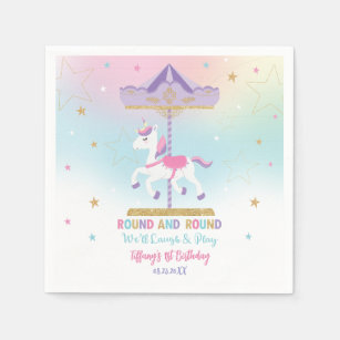 Rainbow Unicorn Carousel 1st Birthday Gold Glitter Napkins