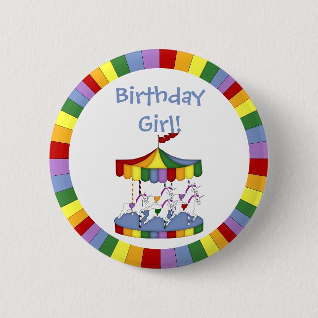 Rainbow Unicorn Carousel Birthday Pinback Button (Front)