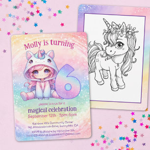 Rainbow Unicorn chibi girly 6th birthday Invitation