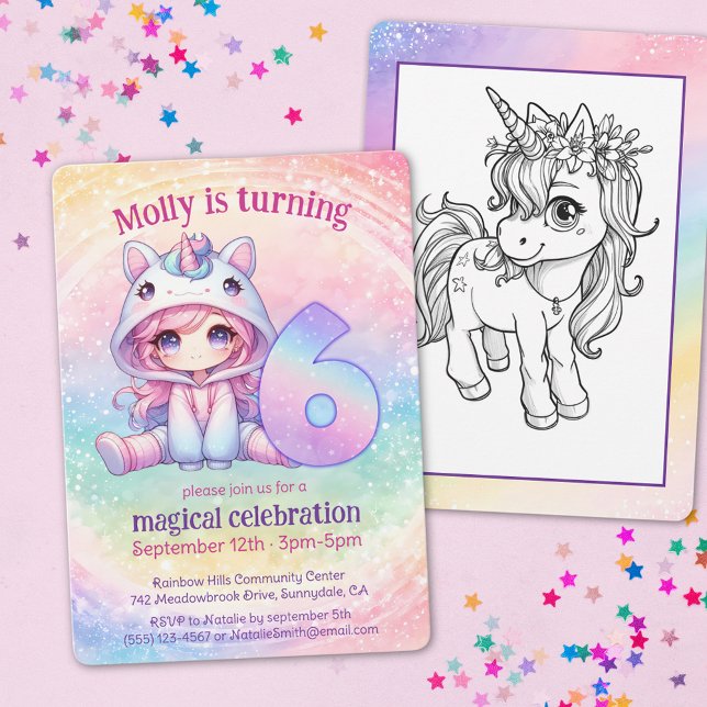 Rainbow Unicorn chibi girly 6th birthday Invitation (Creator Uploaded)