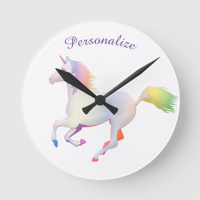 Rainbow Unicorn Child's Room Personalize Round Clock (Front)