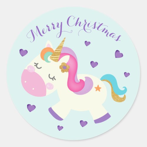 Rainbow Unicorn Christmas Glitter Aqua Classic Round Sticker
