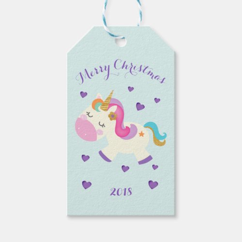 Rainbow Unicorn Christmas Glitter Aqua Gift Tags