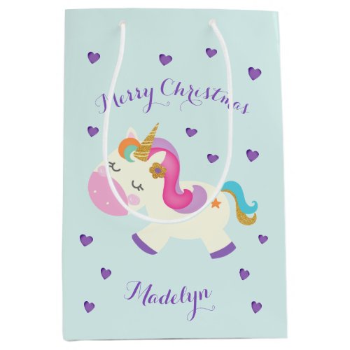 Rainbow Unicorn Christmas Glitter Aqua Medium Gift Bag