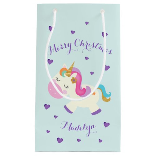 Rainbow Unicorn Christmas Glitter Aqua Small Gift Bag