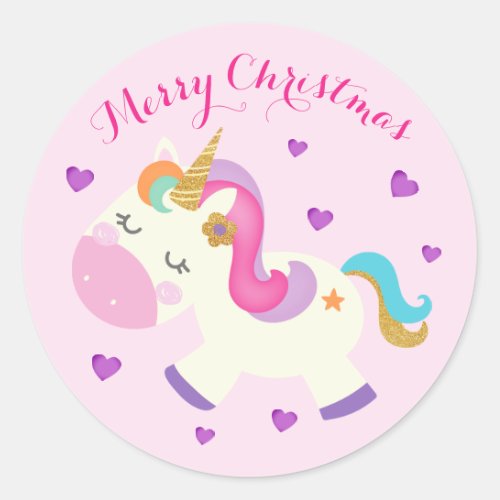 Rainbow Unicorn Christmas Glitter Pink Classic Round Sticker