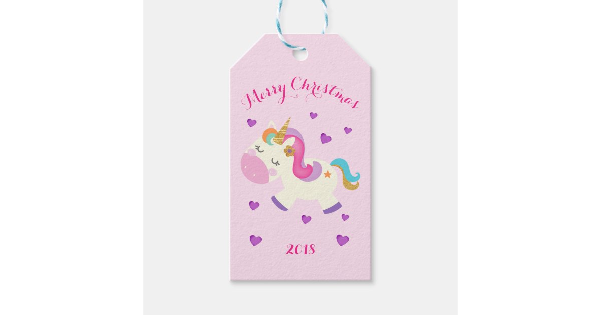 Rainbow Unicorn Christmas Glitter Pink Gift Tags | Zazzle