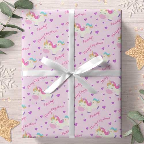 Rainbow Unicorn Christmas Glitter Pink Wrapping Paper